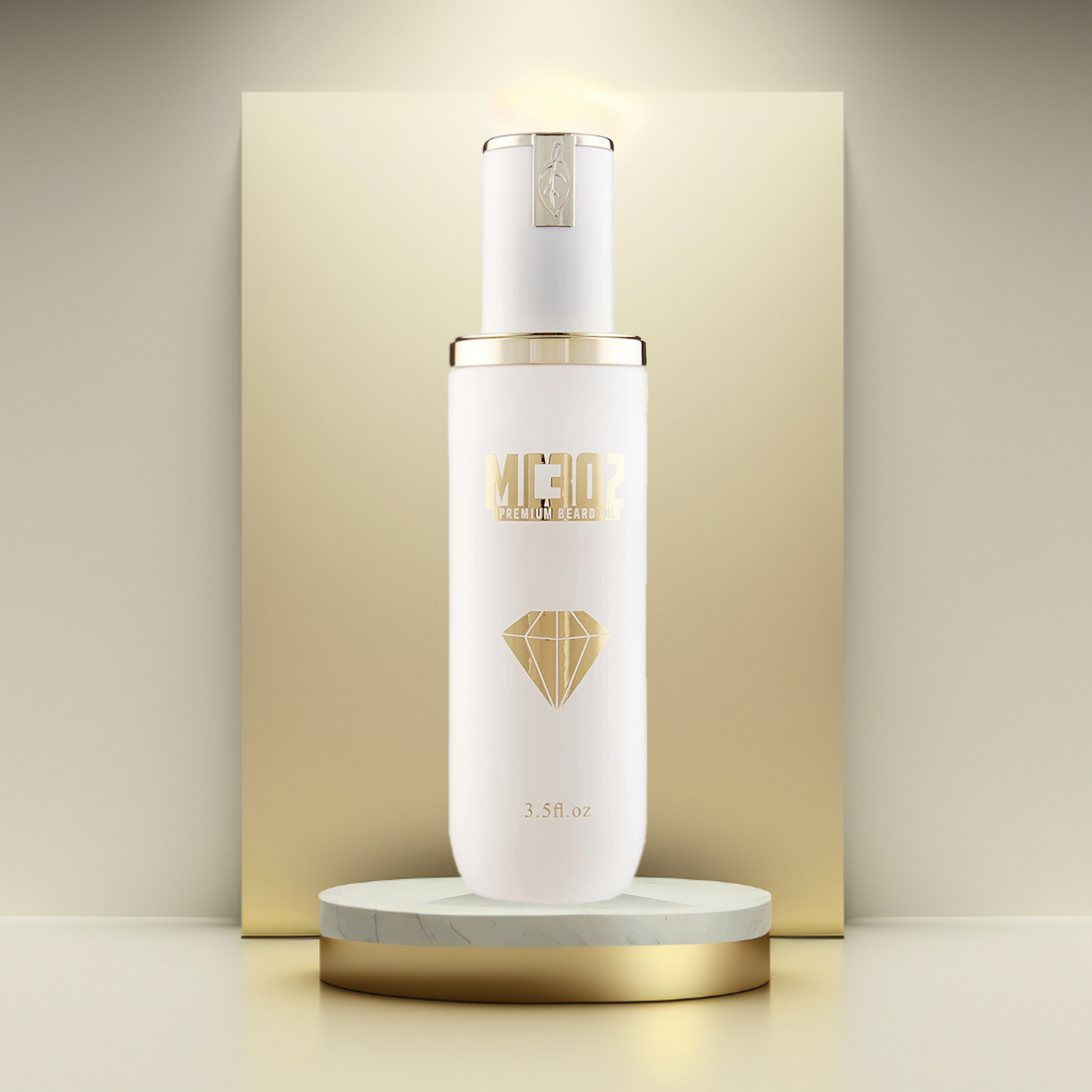 A beautiful display of the MC302 large gold & white bottle of beard oil, on a marble and gold pedestal against a gold background.
